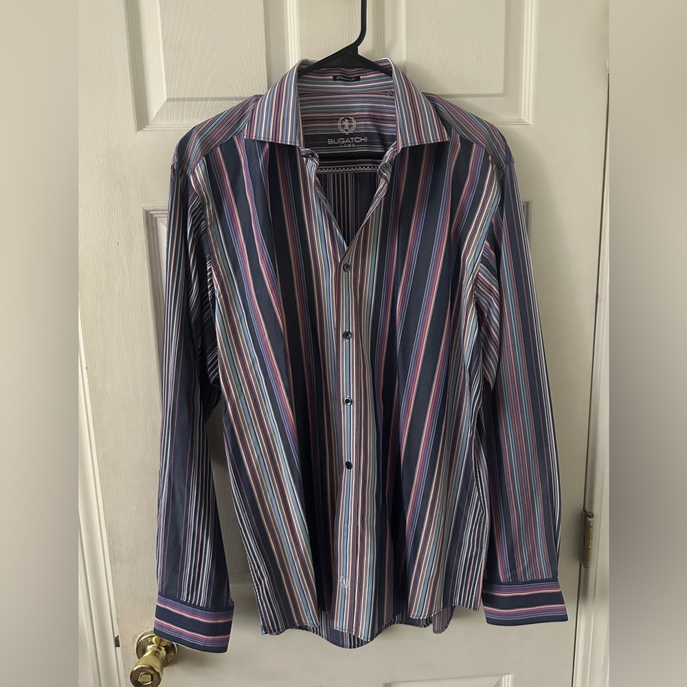 Bugatchi Blue and Pink Casual Button Down Shirt